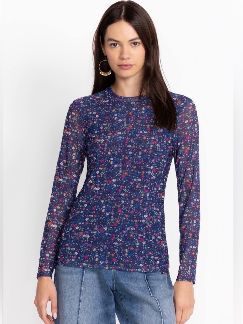 Johnny Was Jade Floral Navy Long-Sleeve Mesh Tee Size Large Sheer Whimsical